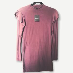 LONG SLEEVE, RUFFLED SHOULDER, LAVENDER FITTED MIDI DRESS-FITS GREAT & COMFY